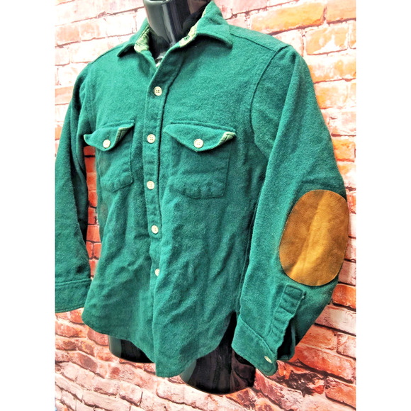 Woolrich Button Up Shirt Men's Green Wool Long Sleeve Elbow PSmalatches Collared - Picture 2 of 15